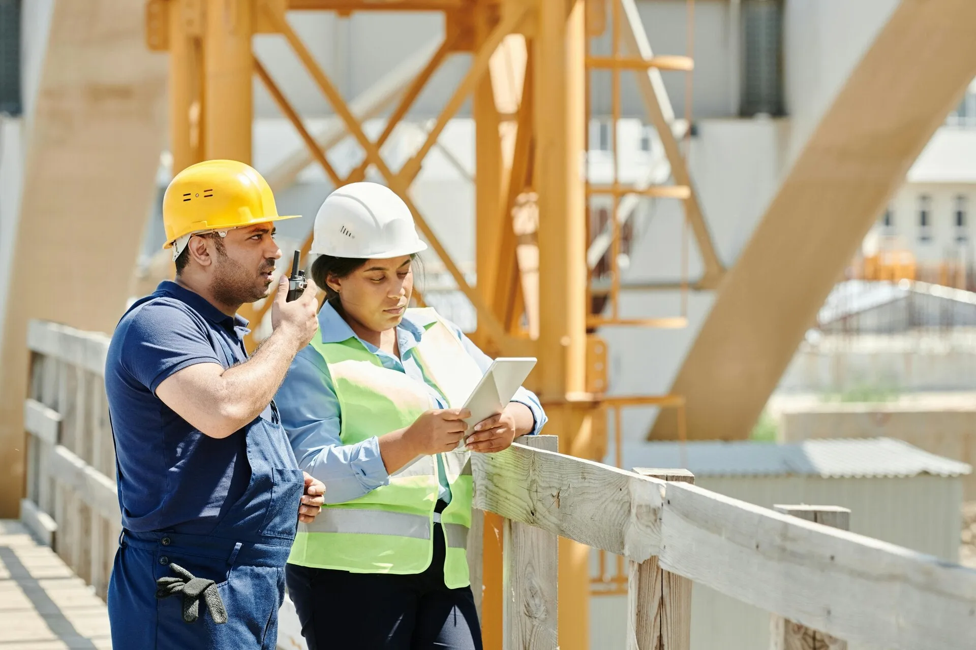 Construction team working together on site