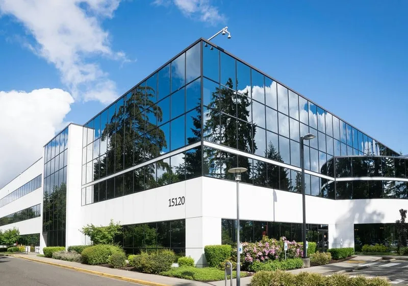 Landscaped grounds outside a commercial building