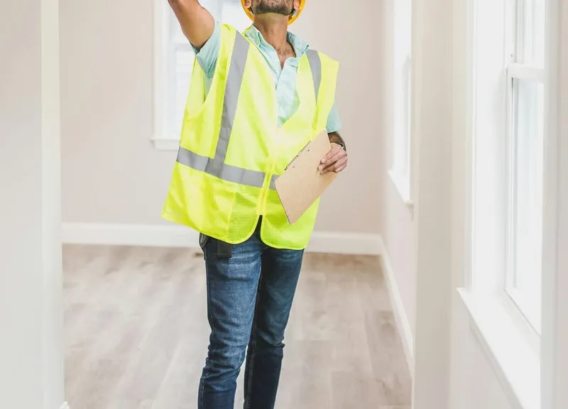 Commercial renovation site with a contractor in a safety vest